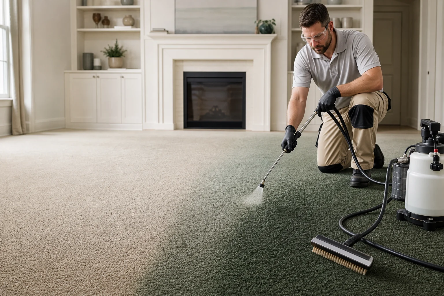 Professional technician applying carpet dye in a living room